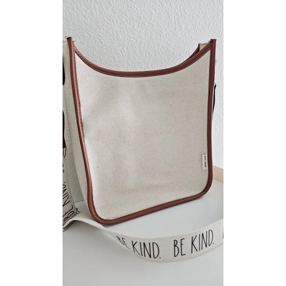 RAE DUNN BE KIND Shoulder Strap Satchel Tan Canvas Brown Leather - Very Clean - Picture 9 of 13